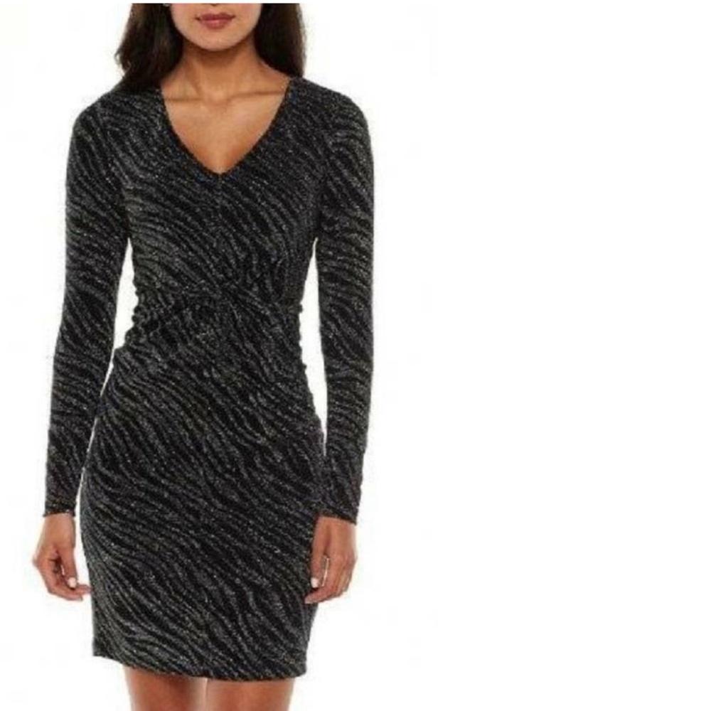 Black and silver zebra striped 3/4 sleeve sparkly midi dress never worn